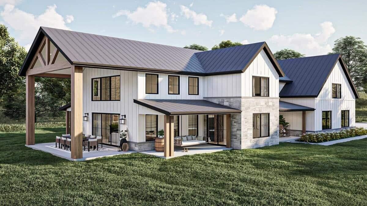 Explore the Farmhouse with Its Striking Metal Roof and Stone Accents
