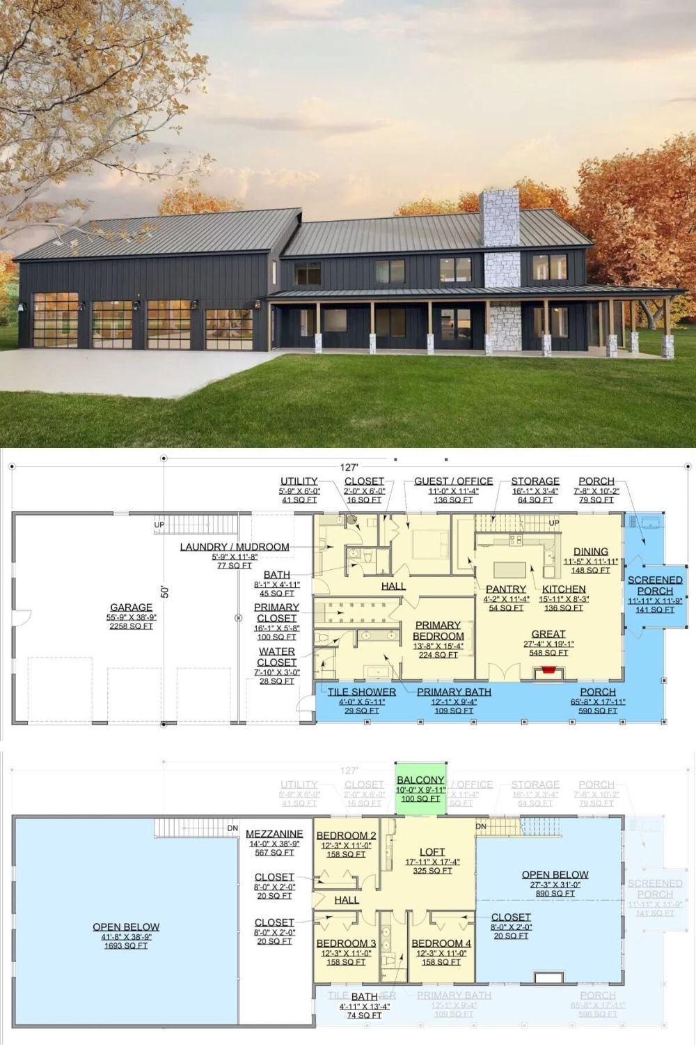 This 4-bedroom barndominium showcases rustic elegance, with standing seam metal roofs, board and batten siding, and stone base pillars framing an expansive wraparound porch. An oversized 4-car garage with a mezzanine adds practical storage space and versatility.