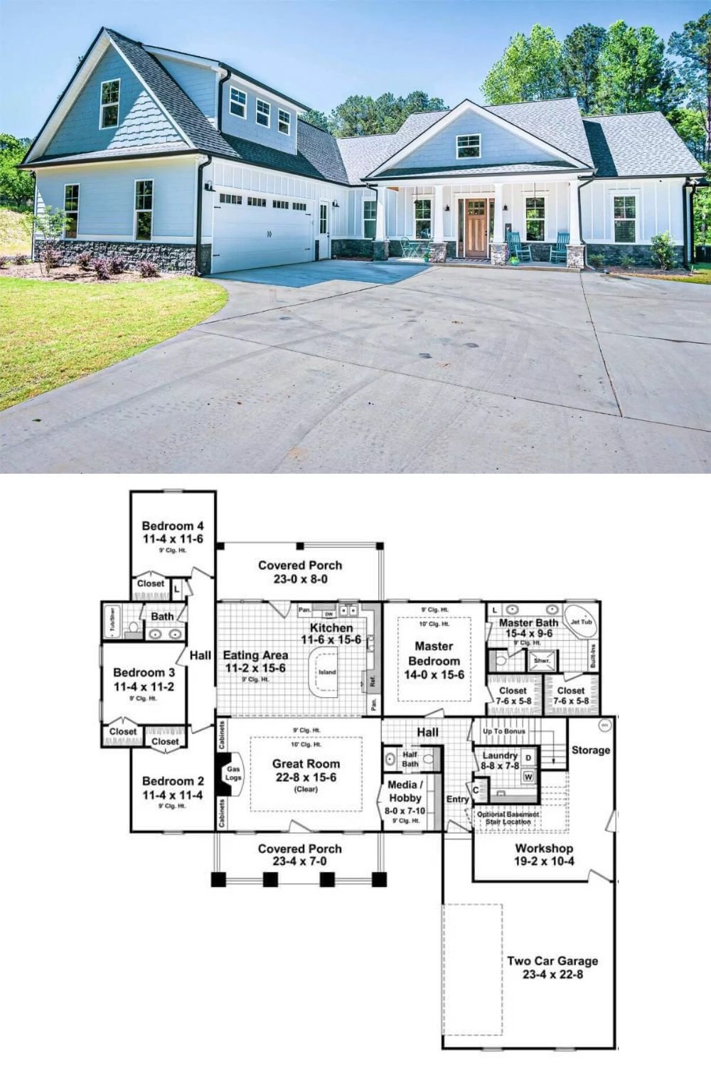 This 4-bedroom craftsman home boasts an exquisite facade with board and batten siding, stone trims, and cedar shake accents adorning the shed dormer and gable roofs. It includes an inviting front porch and a 2-car side-loading garage complete with storage and workshop space, and a bonus room above perfect for future expansion.