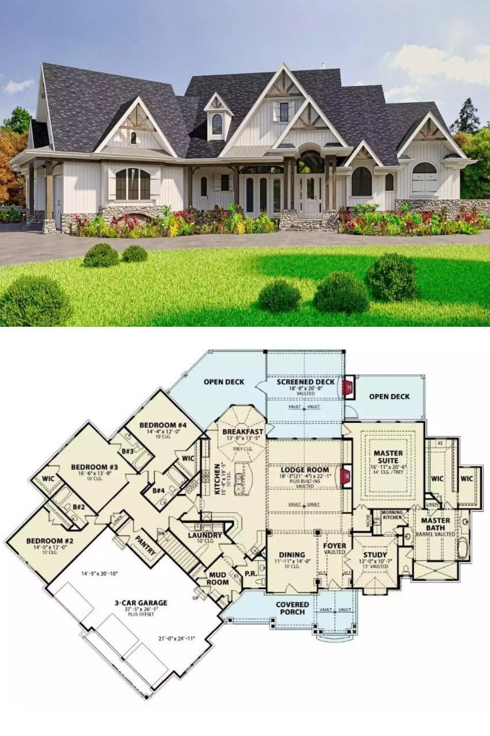 Board and batten siding, stone trims, and multiple gables highlighted by rustic wood trims embellish this craftsman-style home. It includes a welcoming front porch and an angled 3-car garage that accesses the home through a convenient mudroom.