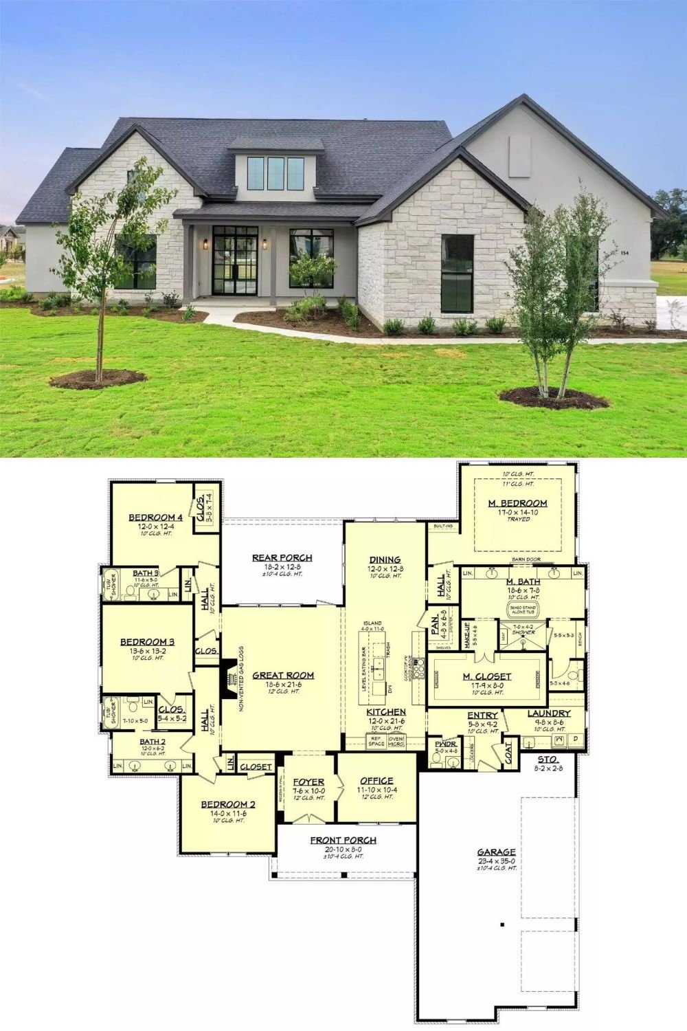 This 4-bedroom transitional farmhouse captivates with its elegant brick and stucco facade, highlighted by multiple gables and a charming front porch crowned with a shed dormer. A 3-car side-loading garage enters the home through a practical mudroom.
