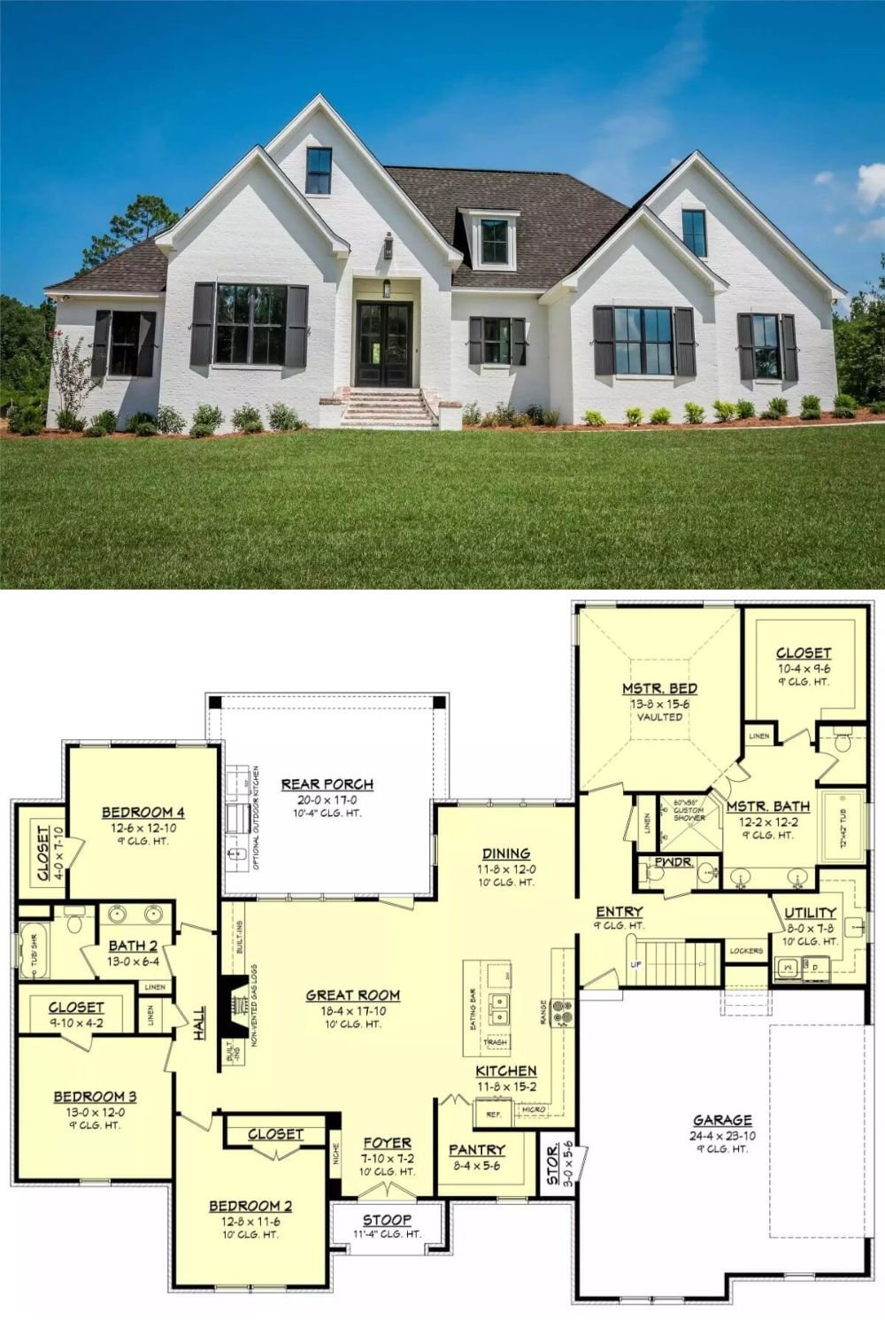 This 4-bedroom European-style home exudes elegance with its stately stone facade, graceful gable rooflines, and charming shuttered windows. It features a sleek entry and a 2-car side-loading garage with a bonus room above, perfect as a guest suite, home office, or playroom.