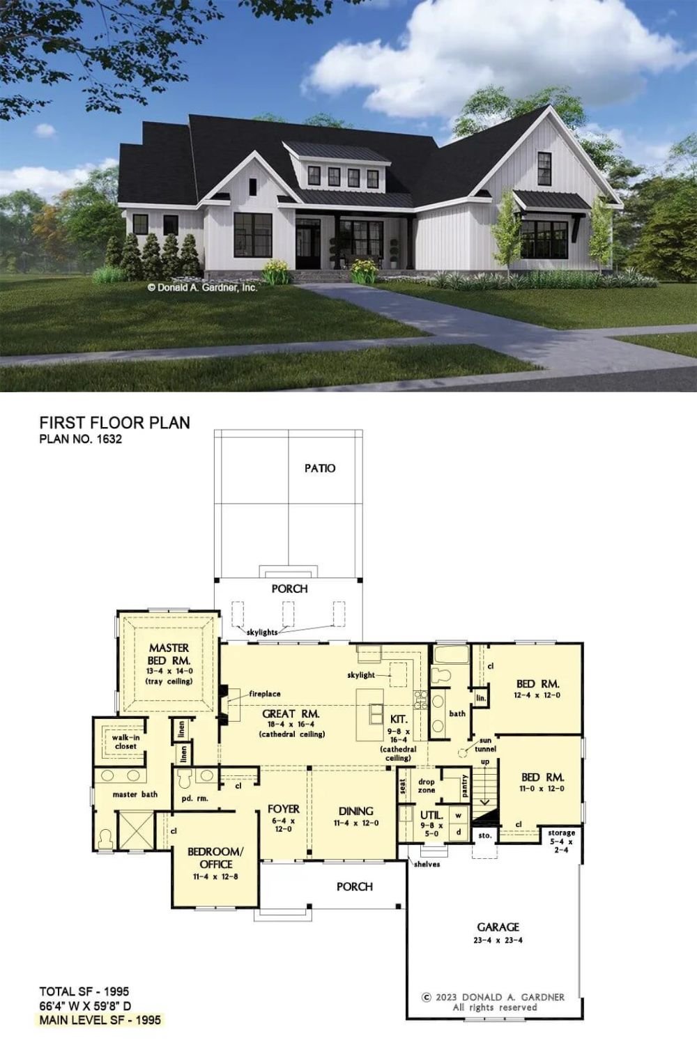 This 4-bedroom modern farmhouse showcases a charming facade with board and batten siding, stone trims, and sleek black-framed windows. It features a double side-loading garage and an inviting front porch crowned by a large shed dormer.