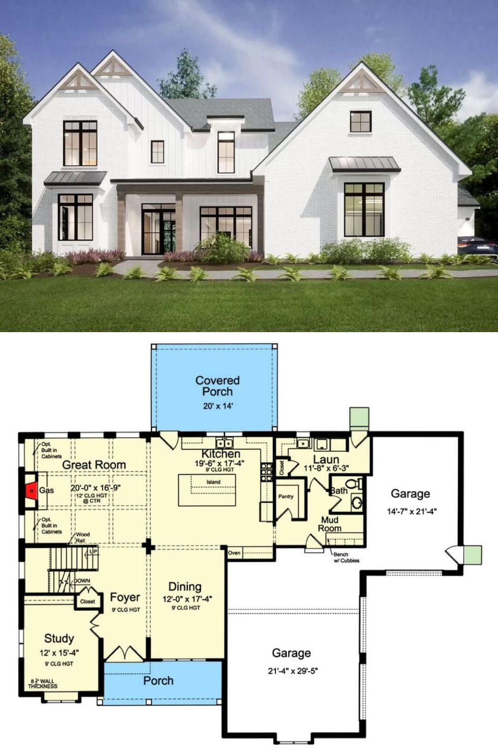 A mixture of board and batten siding, brick, and natural wood accents embellishes this 4-bedroom New American home. It includes a welcoming front porch and a 3-car garage that enters the home through a practical mudroom.