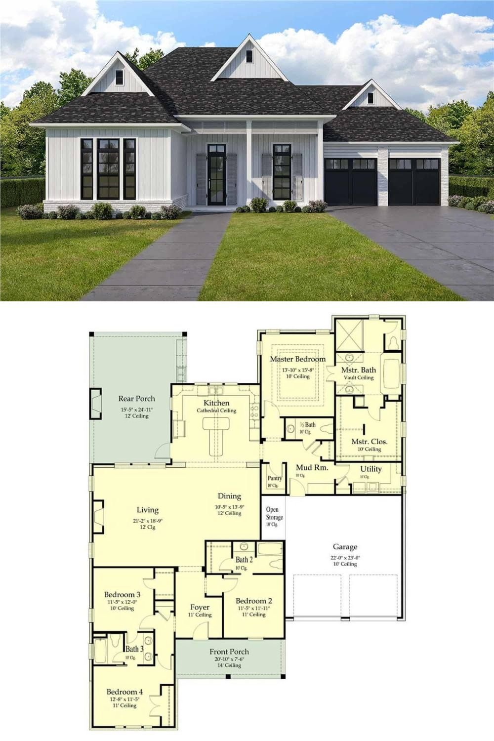 This charming 4-bedroom ranch combines board and batten siding, stone accents, and front-facing gables to create a warm, inviting exterior. It includes a welcoming front porch and a 2-car garage that connects to the home through a mudroom.