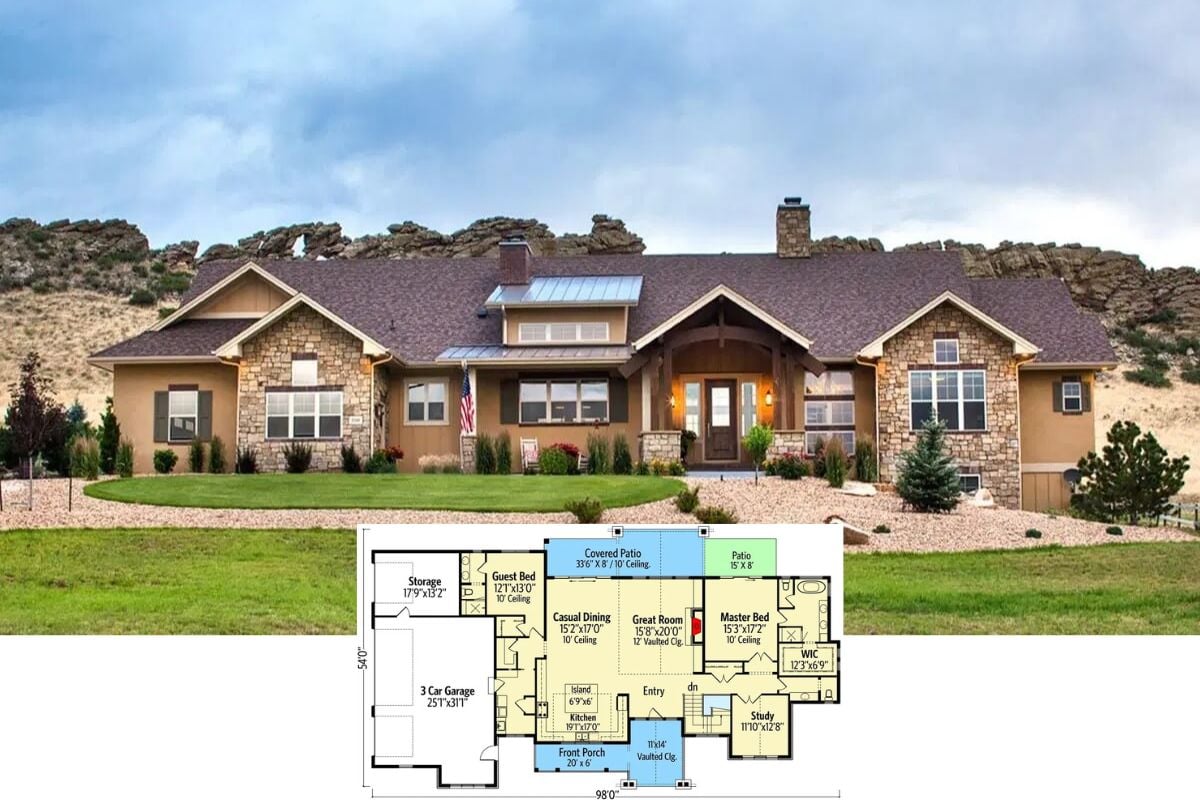 Rustic 4-Bedroom Mountain Home with Open-Concept Living and Optional Basement (Floor Plan)