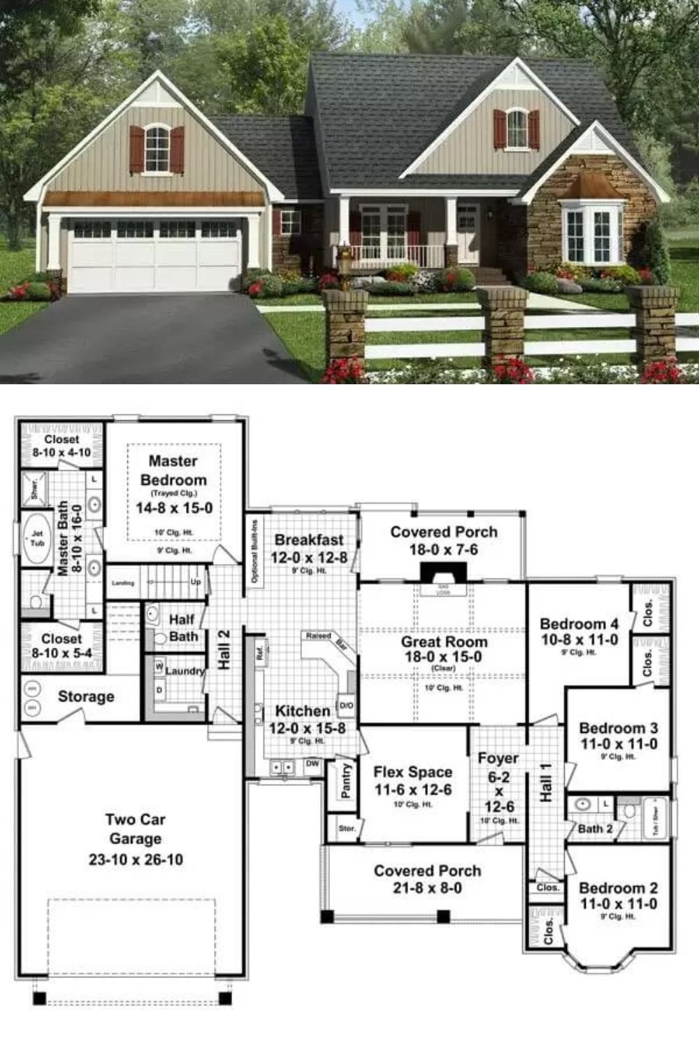 This 4-bedroom country home radiates a classic charm with board and batten siding, stone accents, shuttered windows, and a welcoming front porch supported by stone base columns. A 2-car front-loading garage provides ample storage and features a bonus room above, ready for future expansion.