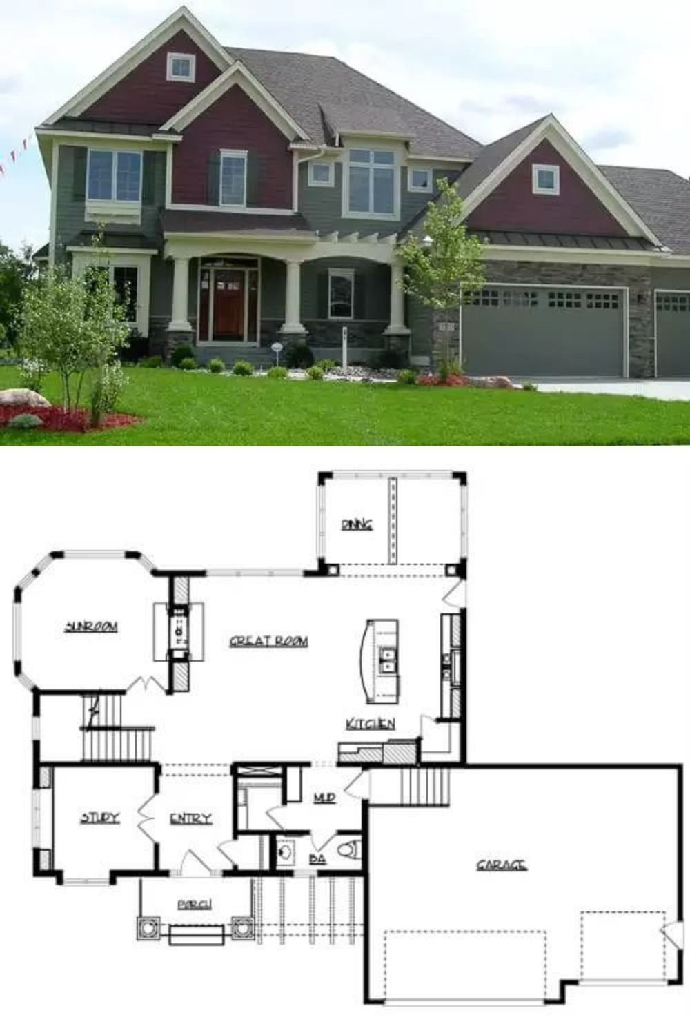 This 4-bedroom home exudes traditional charm with classic clapboard siding, stone accents, shuttered windows, and stone base pillars framing the inviting front porch. A 3-car front-loading garage enters the home through a mudroom.