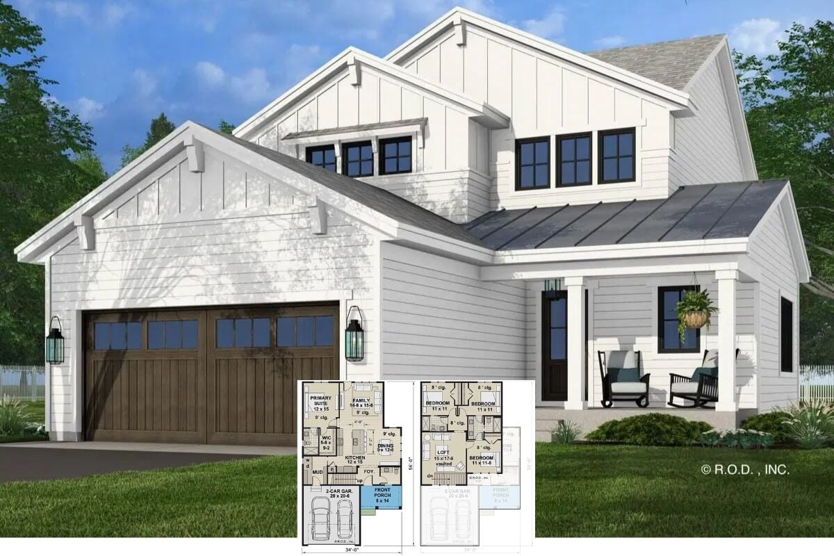 Traditional-Style Farmhouse with 4 Bedrooms and Loft Above (Floor Plan)