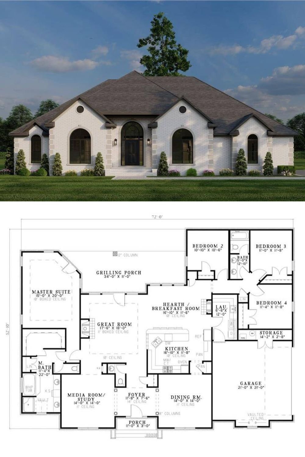 This 4-bedroom traditional home exudes charm and elegance with a stately brick exterior, hipped and gable rooflines, and large arched windows that flood the interior with natural light. A double side-loading garage connects to the home through a functional laundry room.