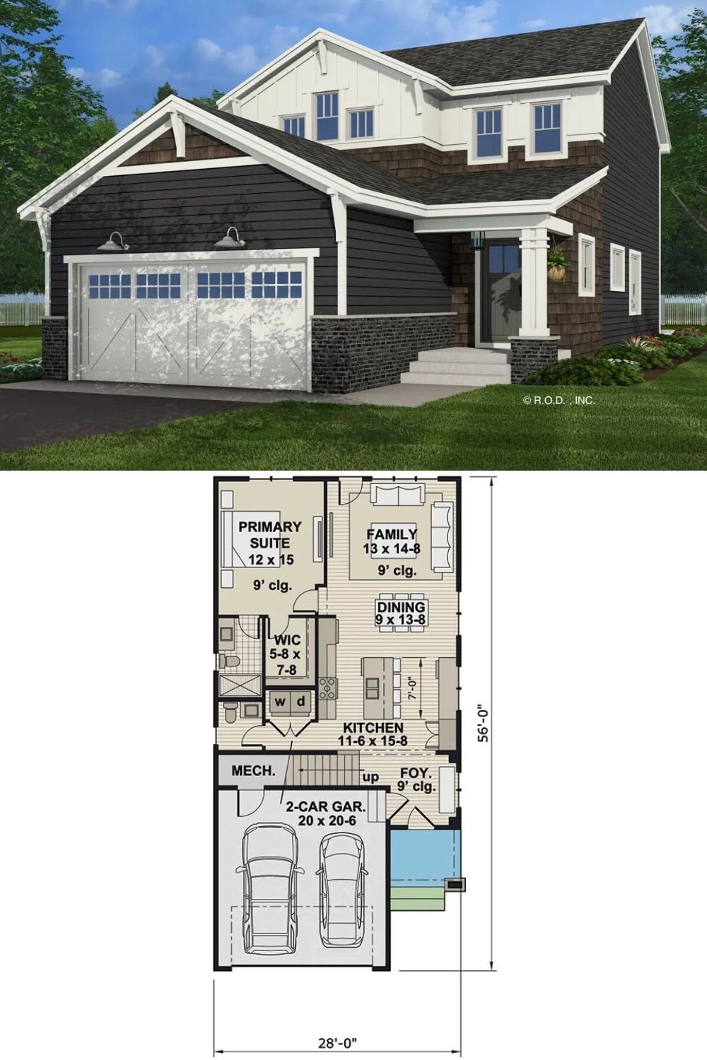 This 4-bedroom traditional home combines timeless charm with modern functionality featuring a harmonious mix of vertical and horizontal siding, brick accents, and cedar shake details. The inviting front porch offers a warm welcome while the double front-loading garage provides ample parking and space for mechanicals.