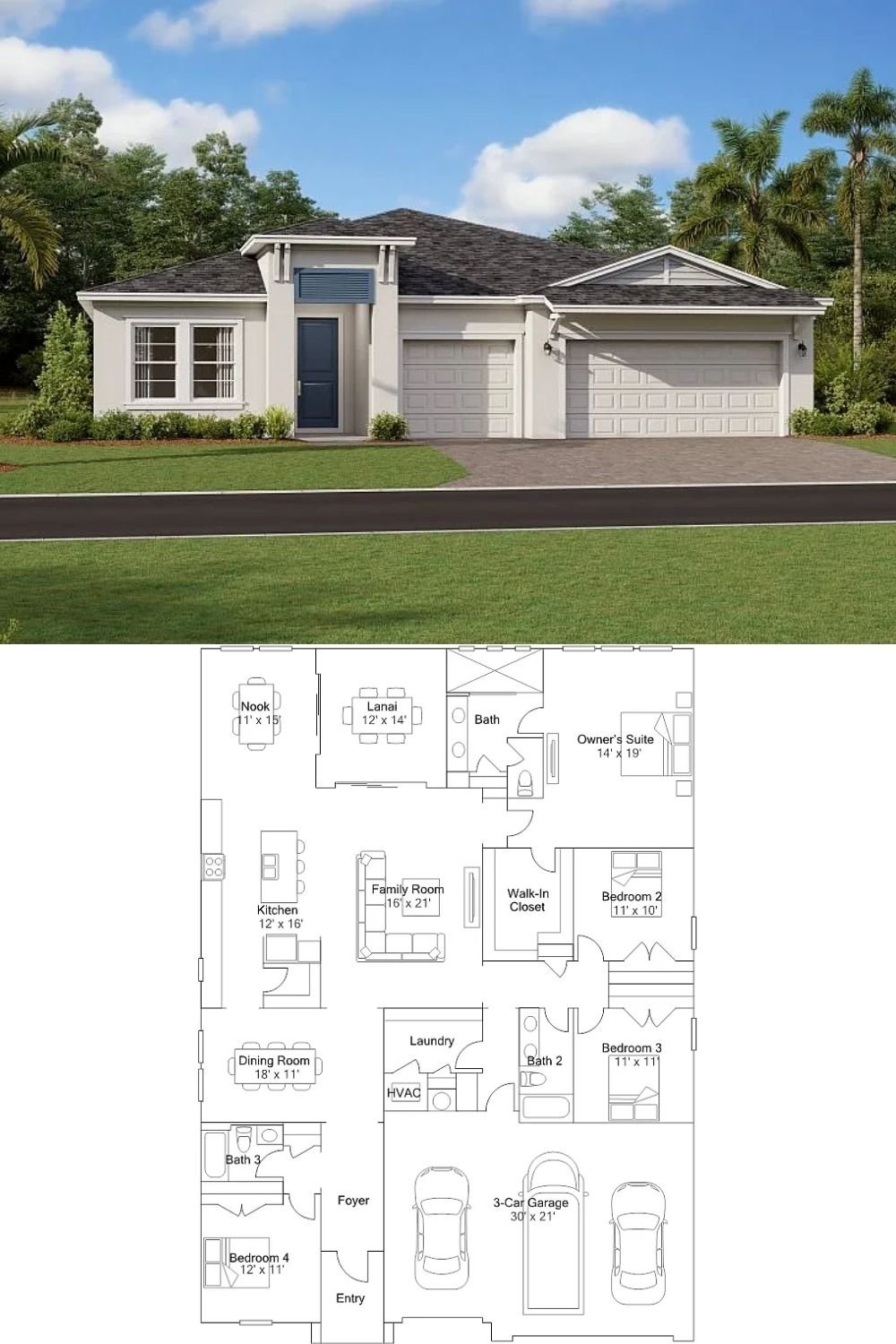 4-Bedroom single Family Home with Lanai and Three-Car Garage 