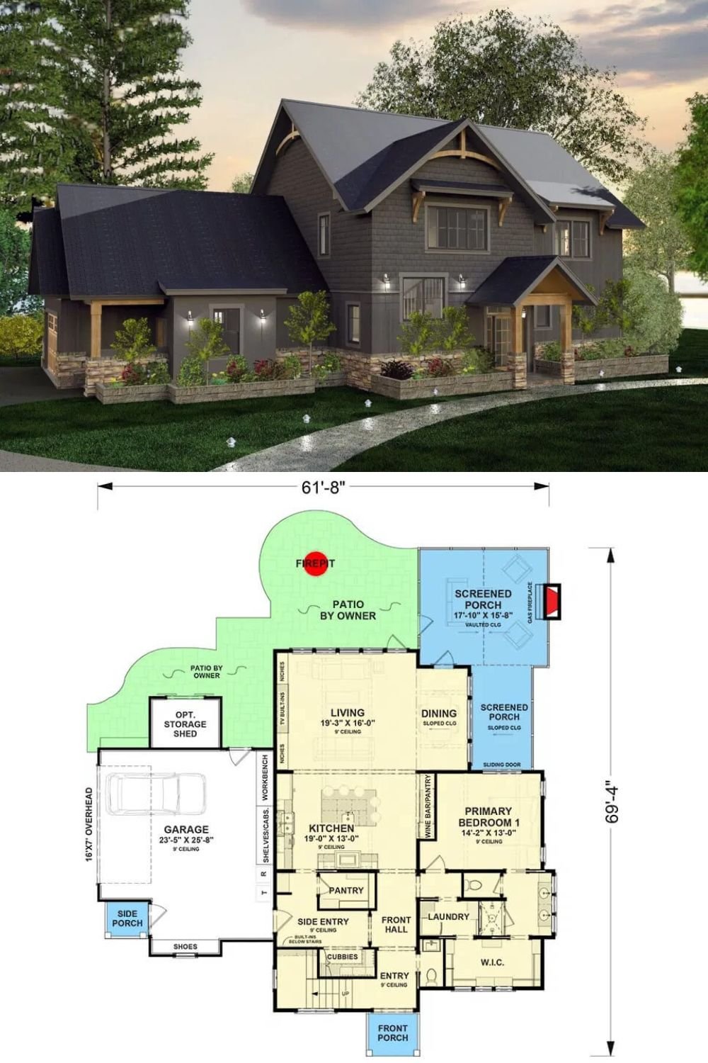 This 5-bedroom Craftsman home exudes charm with its harmonious blend of board-and-batten siding, cedar shakes, stone accents, and rustic wood detailing, creating an inviting and timeless curb appeal. A side-entry double garage seamlessly connects to the home, ensuring both functionality and style.