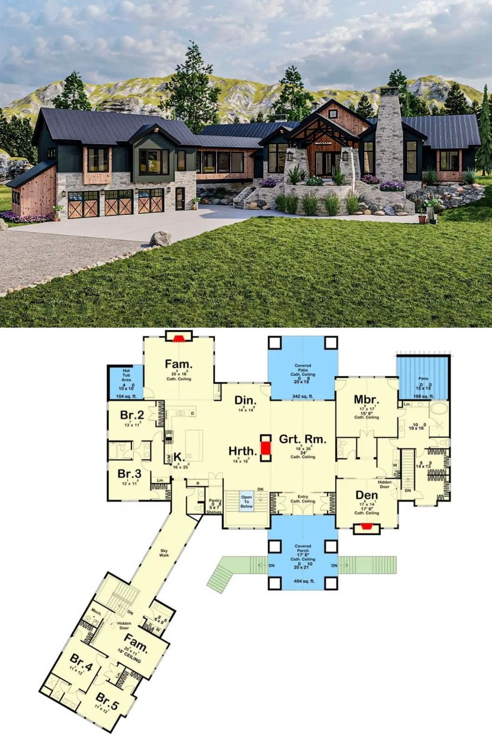 This stunning Modern Mountain home showcases a striking exterior with a harmonious blend of wood siding, natural stone, and a sleek metal roof. The design is complemented by an angled 3-car garage and a large entry porch, giving the home both functionality and character.