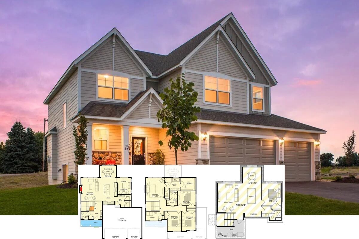 New American-Style 5-Bedroom Home with Front Porch and Expansion Below (Floor Plan)