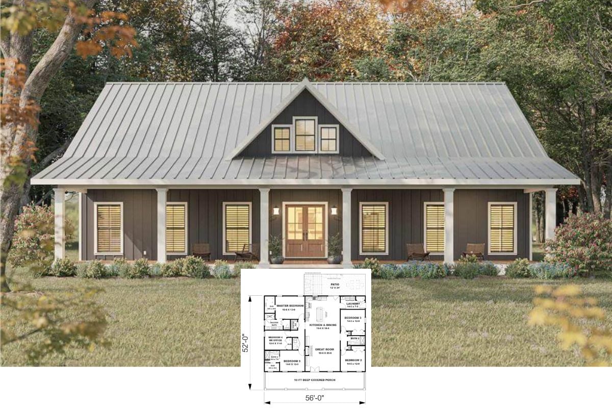 Rustic 5-Bedroom Home with Expansive Front Porch and Open-Concept Living (Floor Plan)