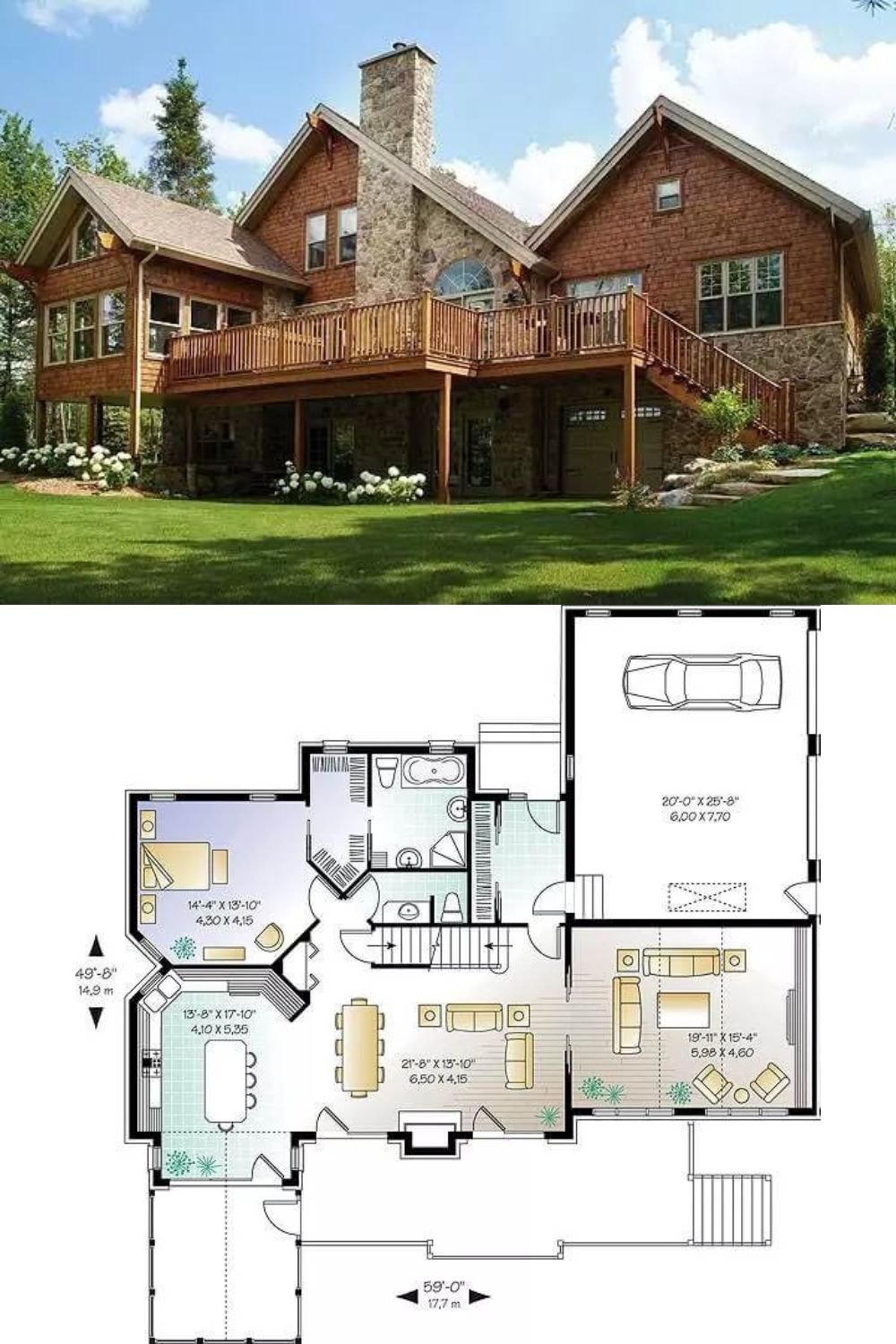 An attractive blend of stone and cedar shakes embellish this contemporary-style home. It includes a covered entry and a double garage that both lead into a formal foyer.