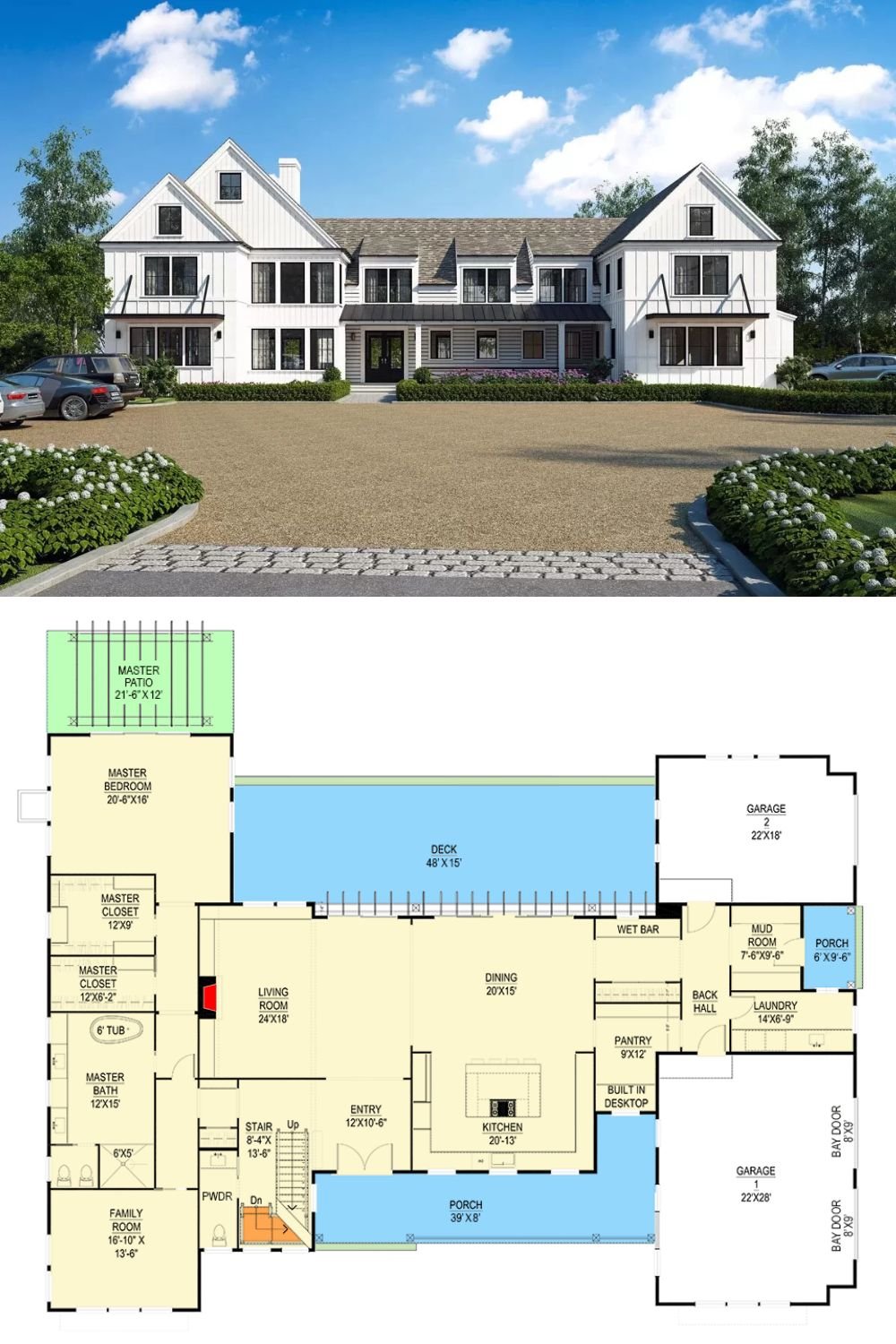 This 6-bedroom modern colonial home showcases timeless elegance with a blend of vertical and horizontal siding, metal roof accents, and stately white columns framing the covered front porch.