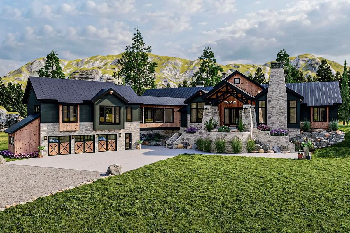 5-Bedroom Modern Mountain Home for a Wide Lot with Angled Garage and Lower Level Expansion (Floor Plan)