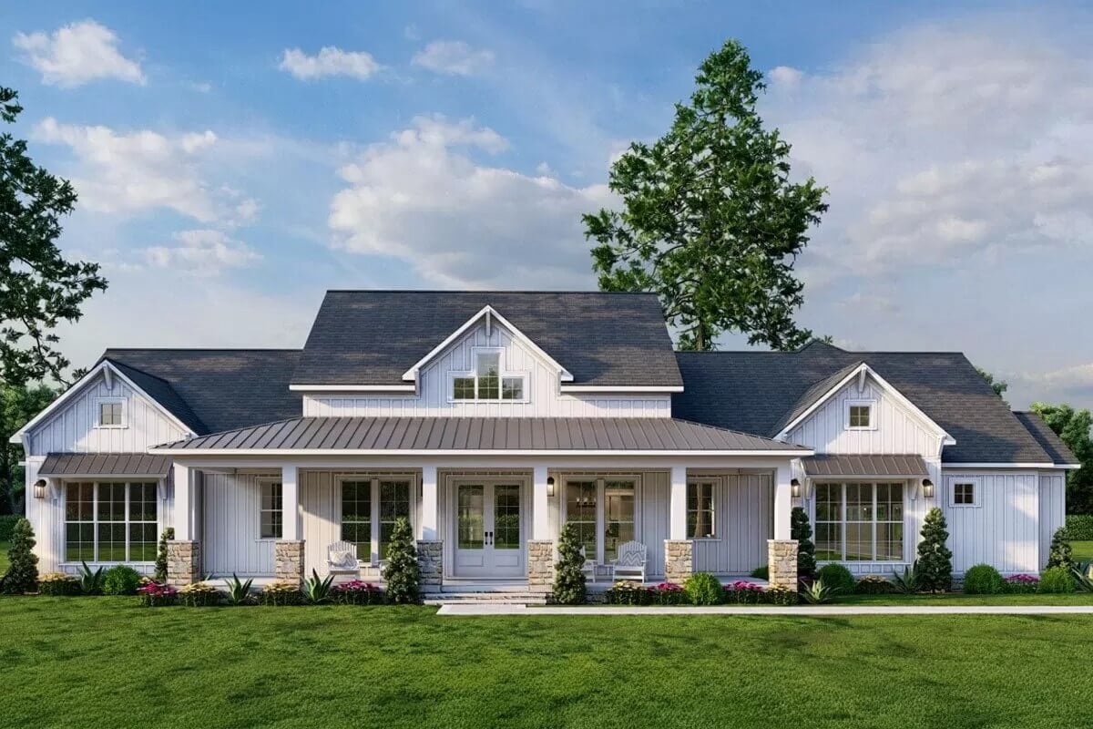 3-Bedroom Modern Farmhouse with Bonus Room and Wraparound Porch (Floor Plan)