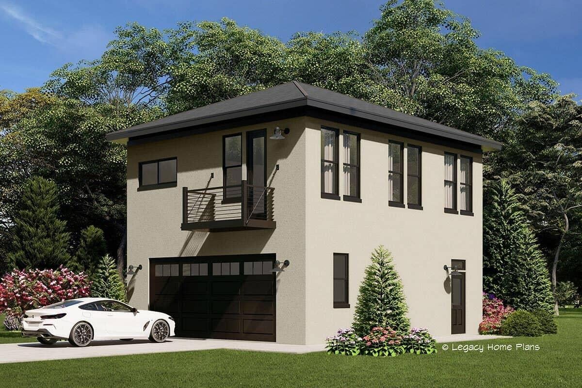 Compact Studio with Balcony and Modern Garage