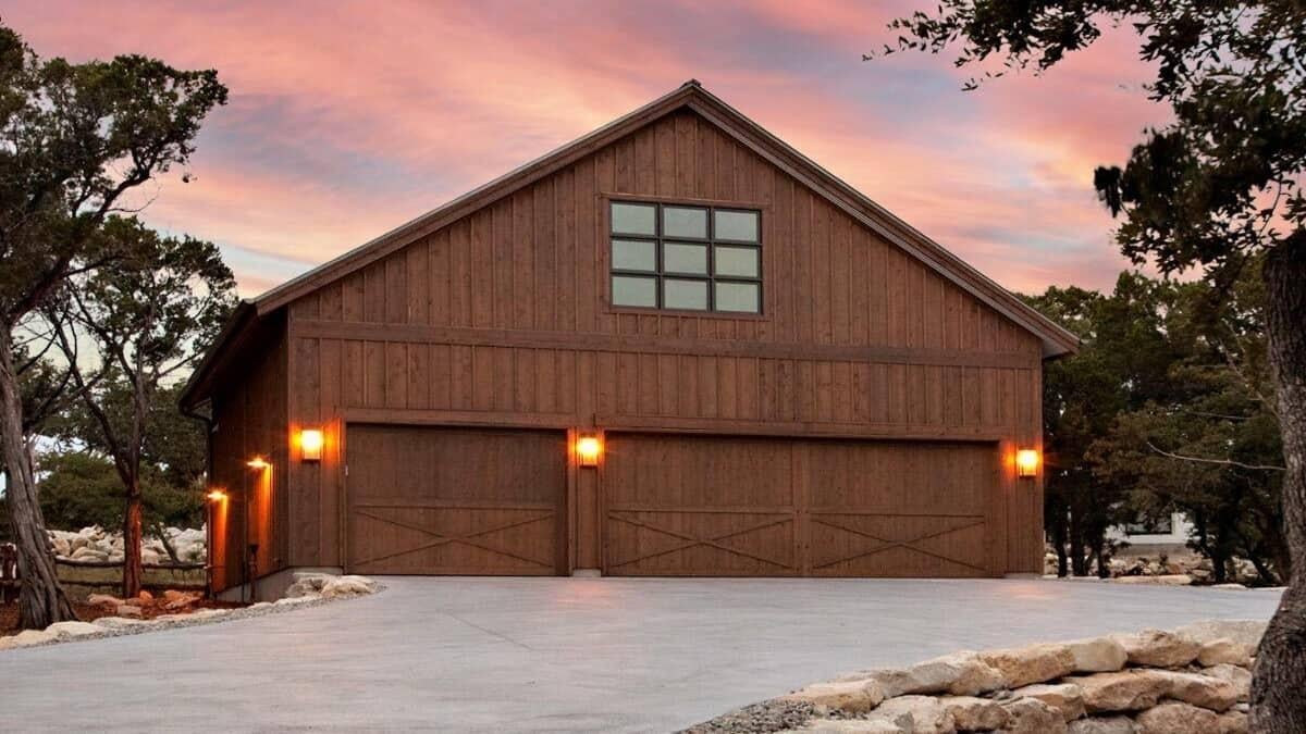 Rustic Barn-Style Garage with Warm Lighting Accents
