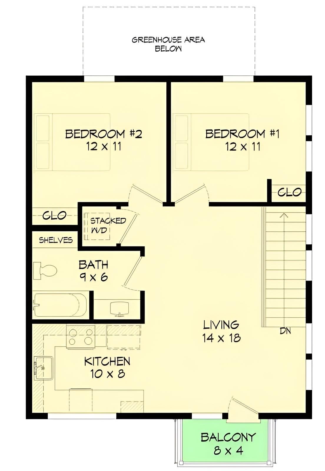 Efficient Two-Bedroom Layout with a Small Balcony