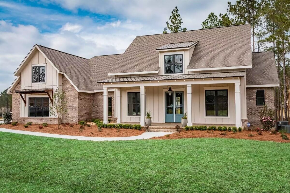 Farmhouse-Style 3-Bedroom Home for a Corner Lot with Bonus Room (Floor Plan)