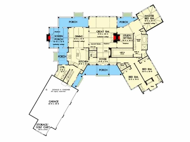 Elegant Floorplan with Central Great Room and Multiple Porches