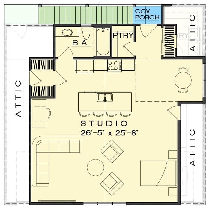 Compact Studio Layout with Efficient Pantry Space