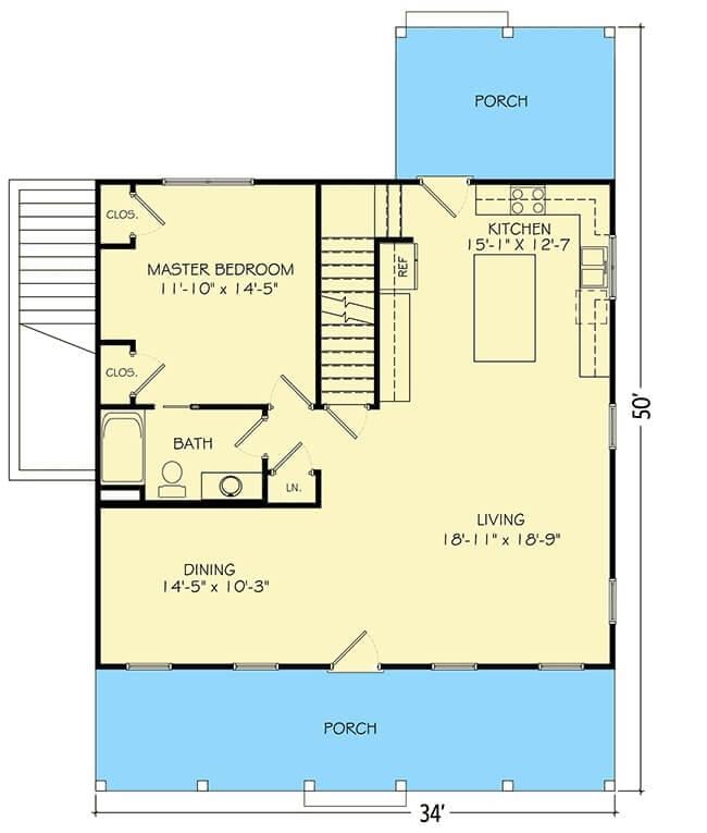 Explore the Spacious Open-Concept Living Area with Dual Porches