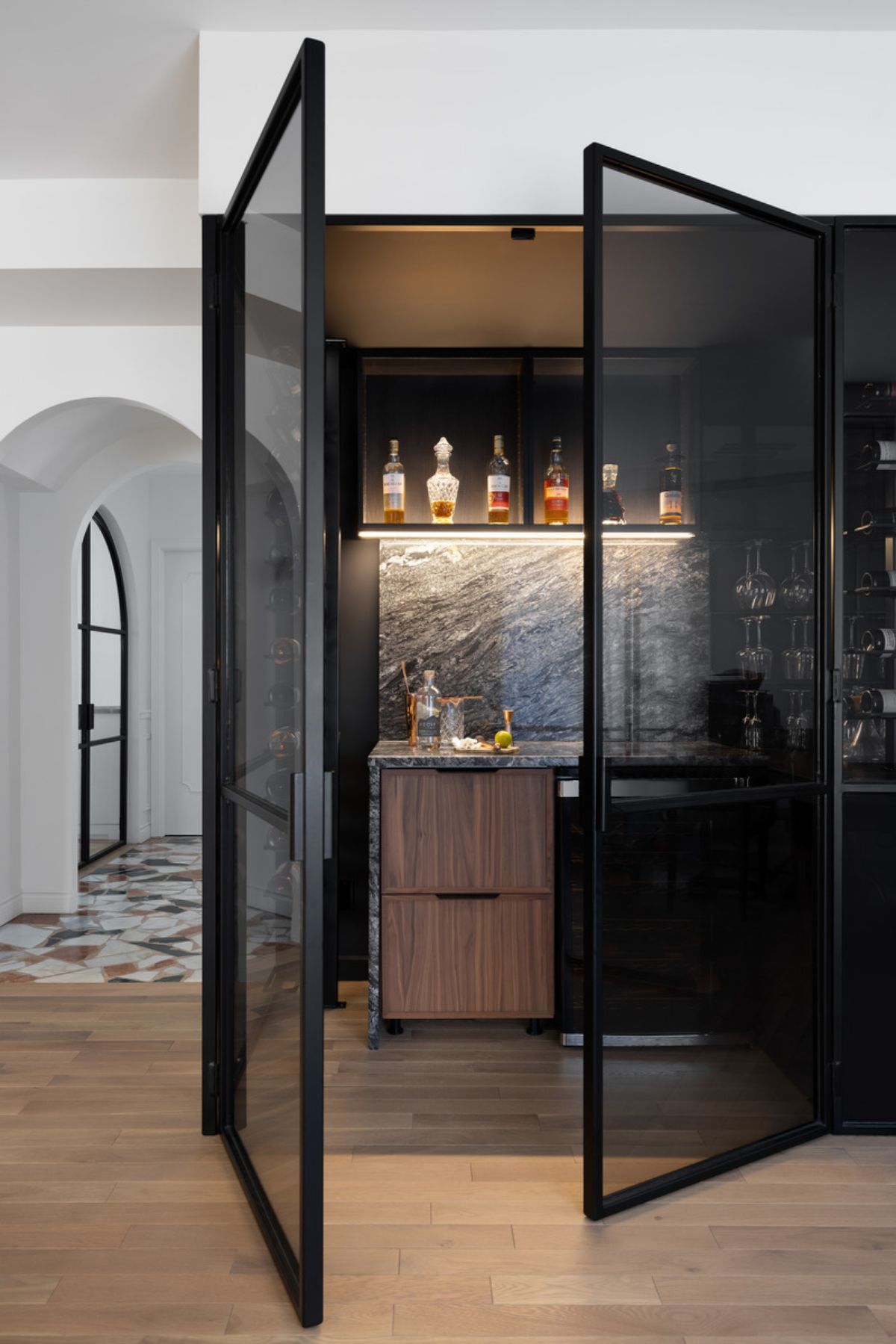Wine storage space with glass doors
