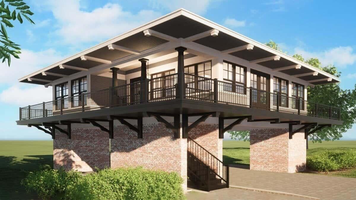 Elevated Design with Brick Columns and Wraparound Porch