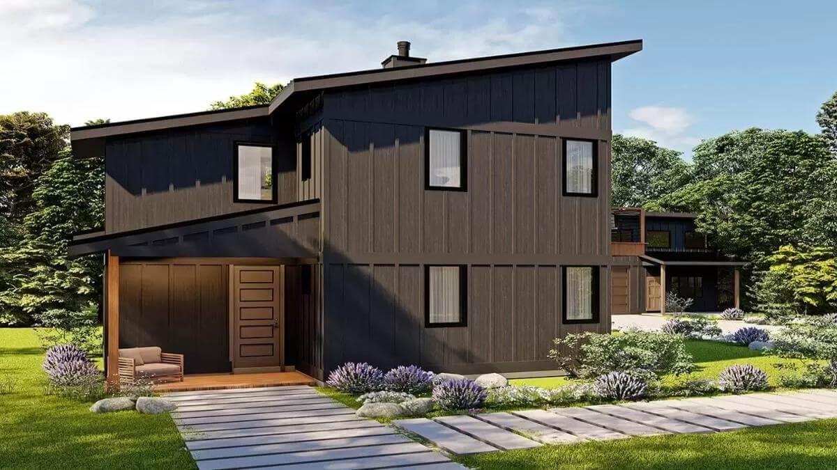 Contemporary Home with Striking Dark Facade and Angular Rooflines