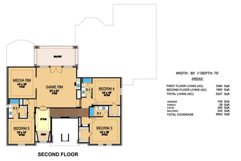 Second Floor Layout with Spacious Game Room and Media Room