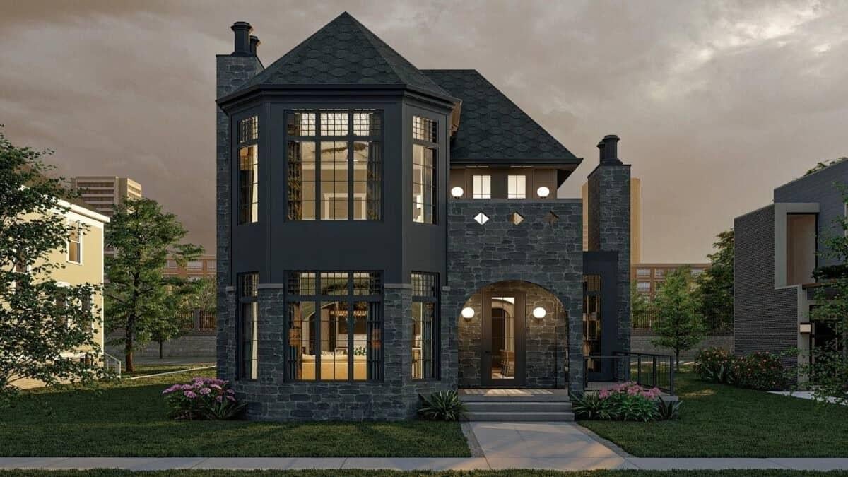 Gothic Revival Home with Striking Turret and Stone Facade