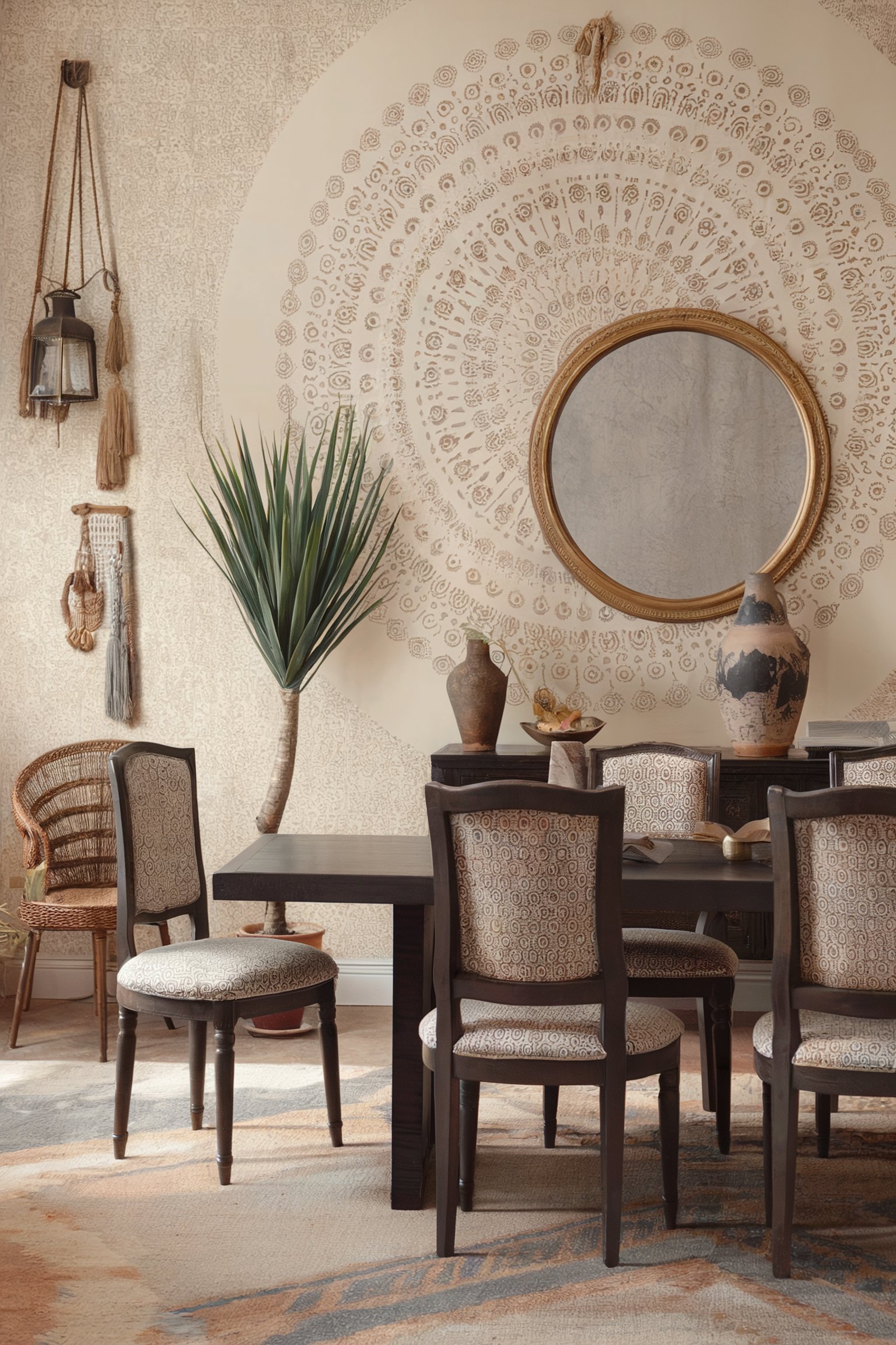 A dining space with a large wall mural, earthy-toned decor, and woven accents for a boho look