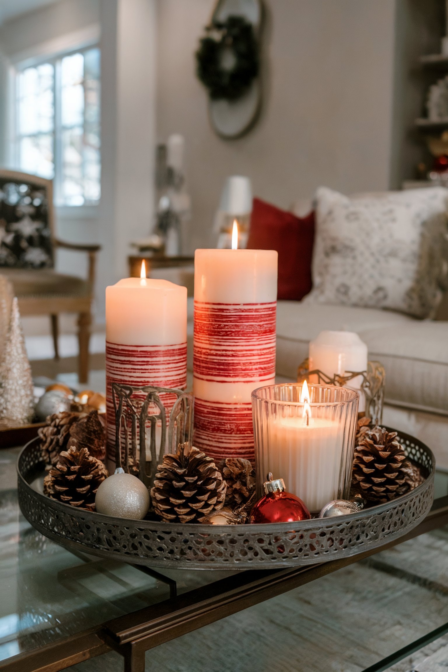 A cozy coffee table centerpiece with red and white striped candles, surrounded by pinecones and small ornaments for a festive Christmas touch