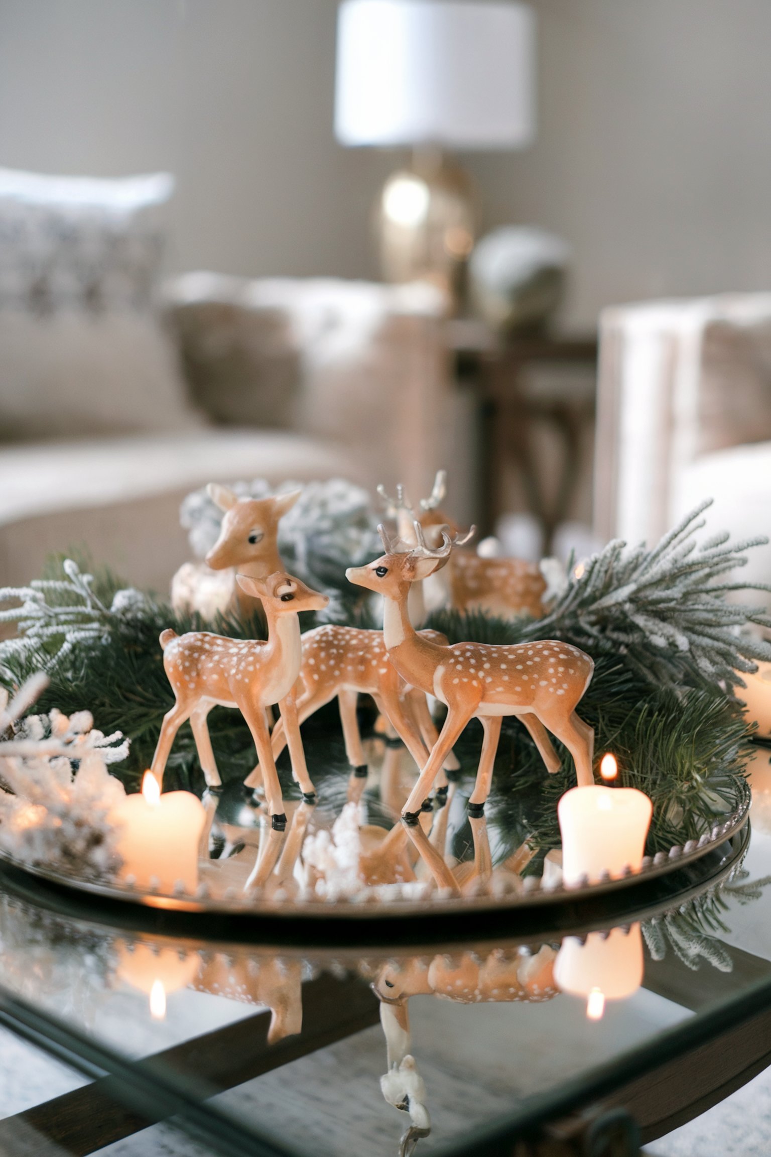 A coffee table scene with miniature deer figurines among greenery and candlelight, creating a whimsical winter ambiance