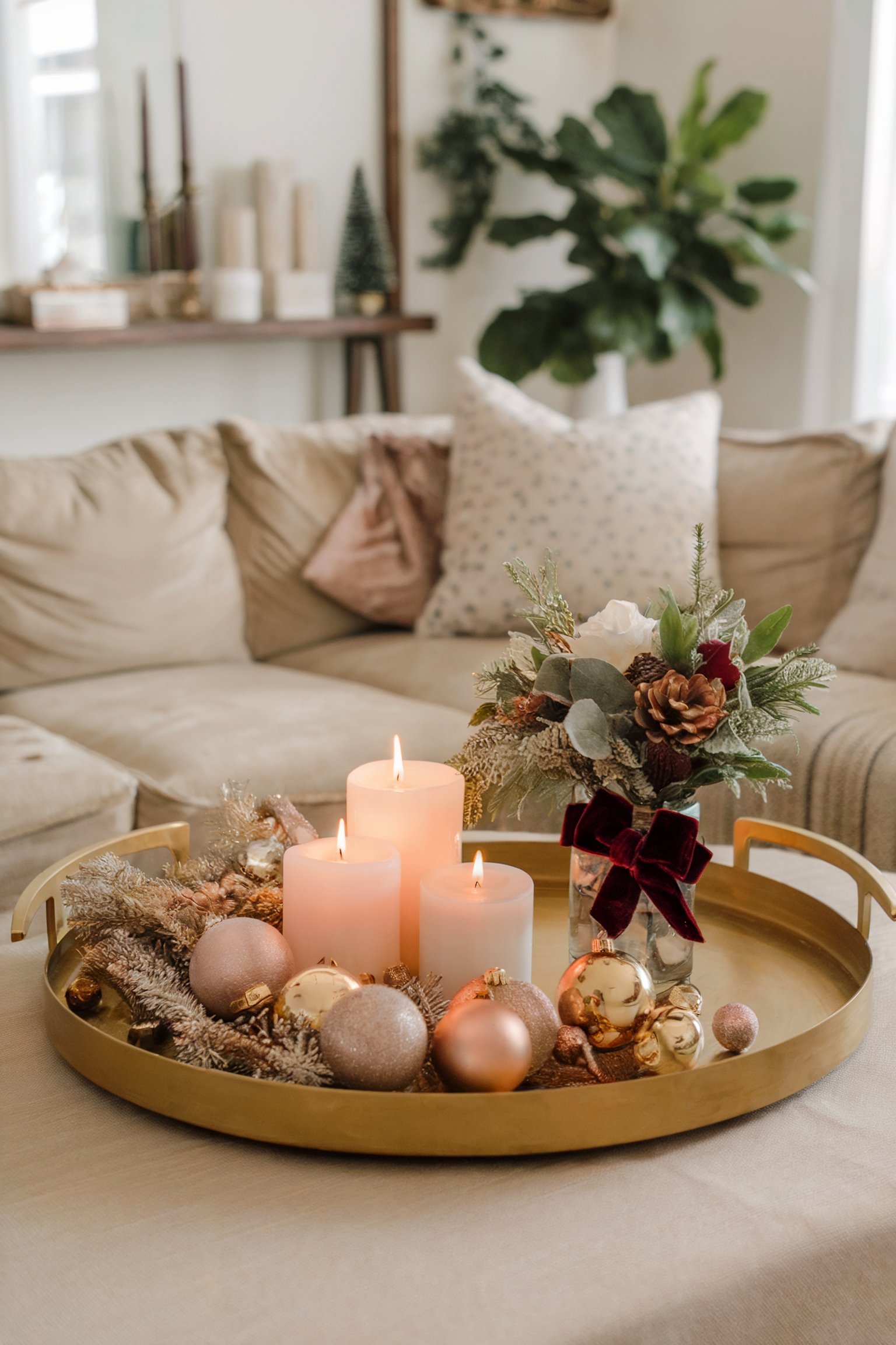 A golden tray on a coffee table decorated with pink and gold ornaments, candles, and a holiday bouquet with greenery and a red bow