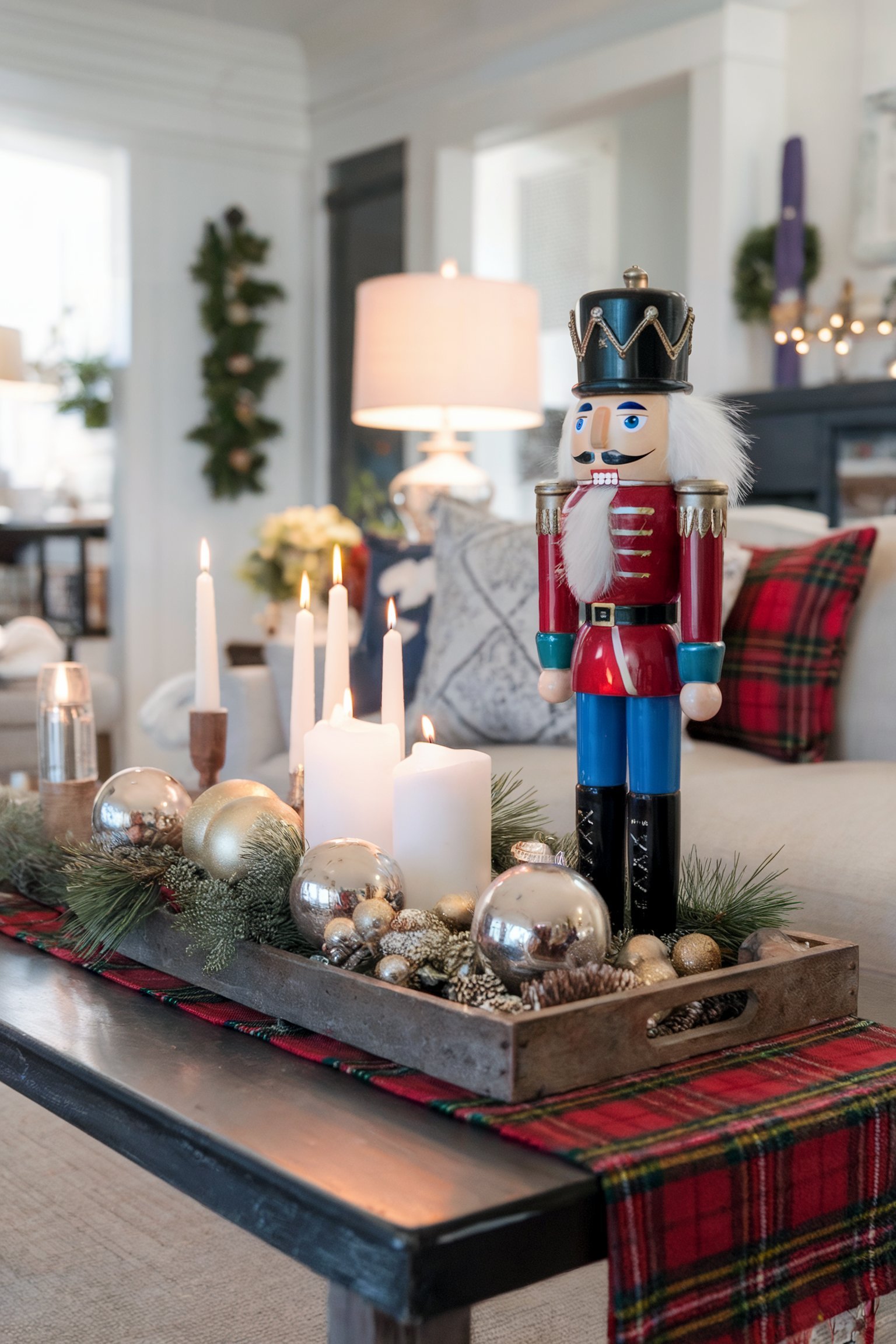 A coffee table adorned with a festive nutcracker, candles, and ornaments on a plaid runner, bringing traditional Christmas charm