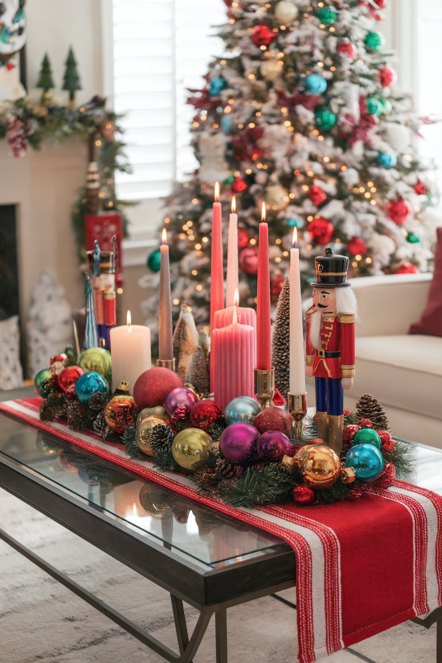 A Christmas coffee table centerpiece with colorful ornaments, candles in various shades of pink, and a decorative nutcracker