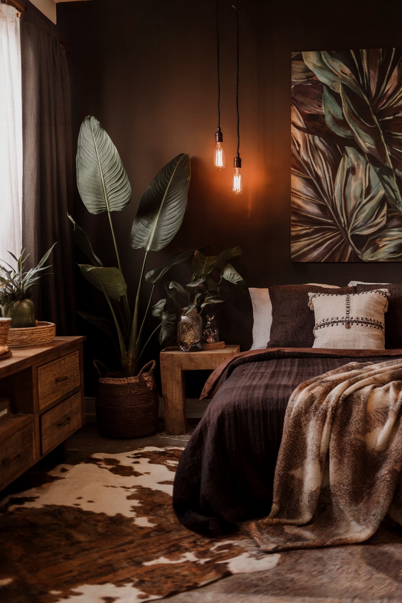 Cozy bedroom with dark brown walls, large leafy plants, and warm lighting from hanging Edison bulbs, creating a rustic, intimate vibe