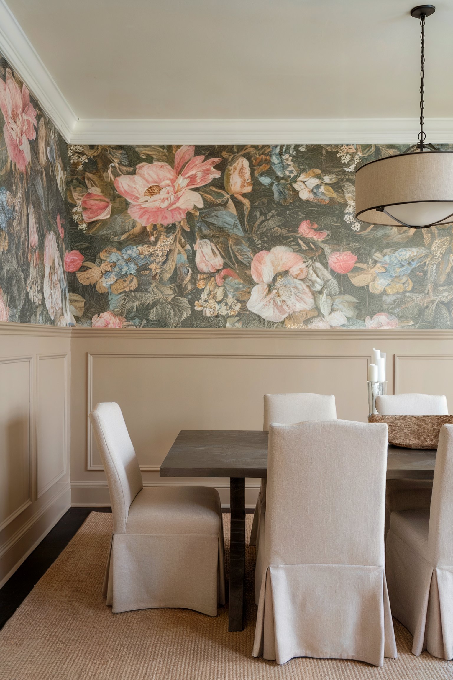 Elegant dining room featuring light floral wallpaper complemented by neutral wainscoting, a rectangular dining table, and cream slipcovered chairs