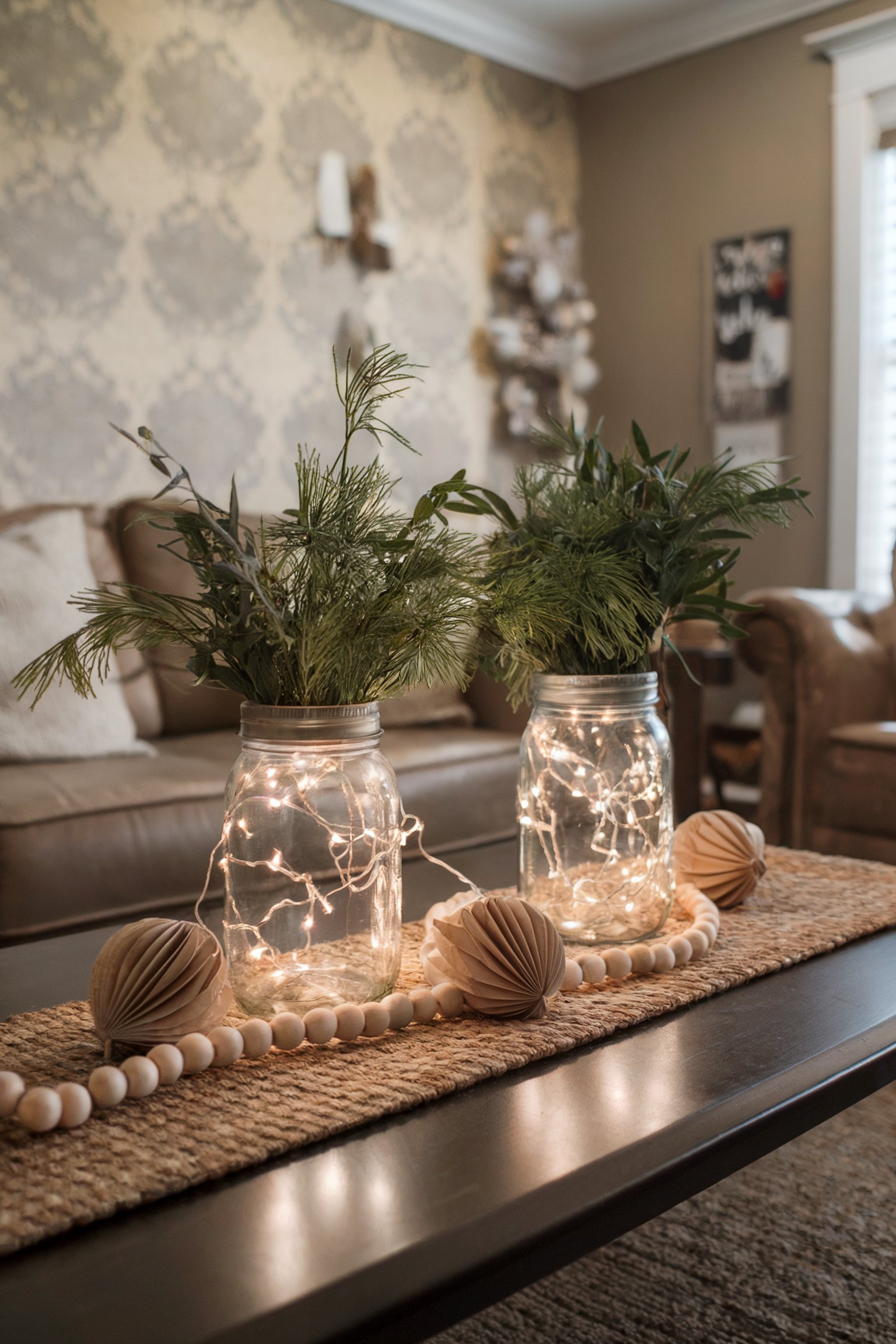 Two mason jars filled with string lights, topped with festive greenery, accompanied by neutral wooden beads and paper ornaments
