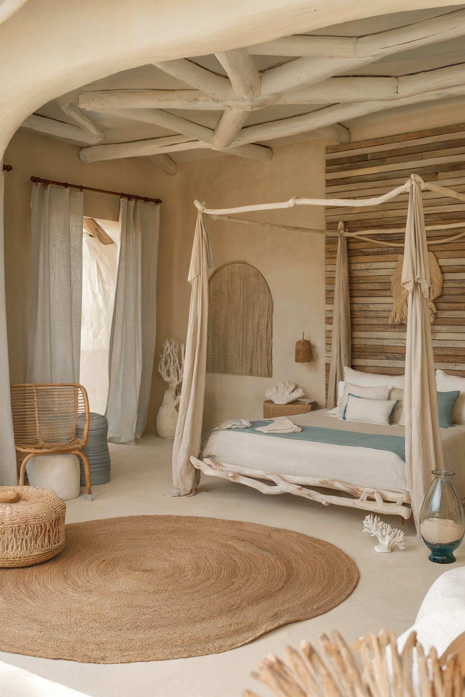 Breezy bedroom with whitewashed walls, natural wood canopy bed, soft beige tones, and rattan accents, evoking a coastal, bohemian feel