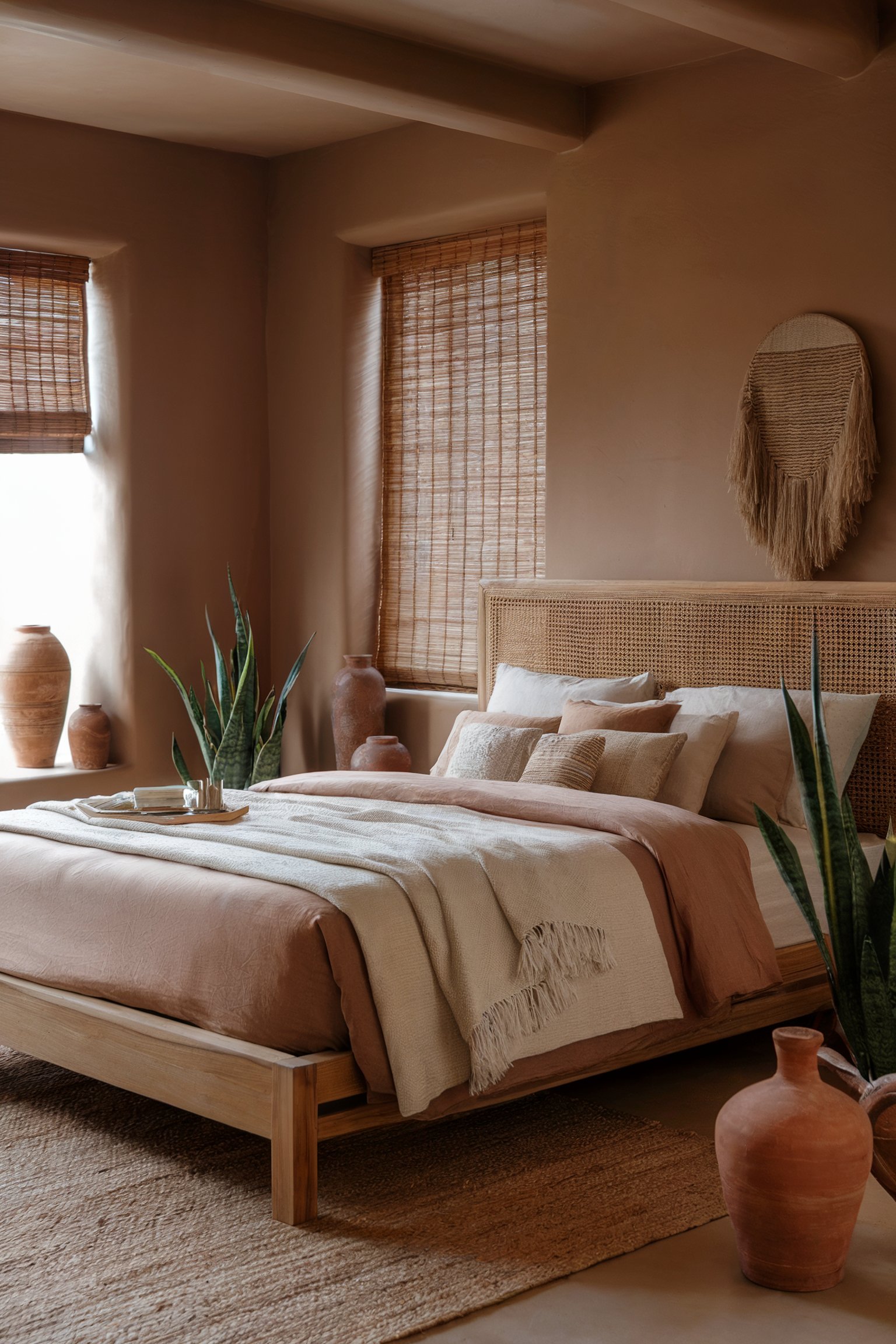 Earth-toned bedroom with clay-colored walls, woven blinds, and natural wood bed, accented by terracotta decor and plants