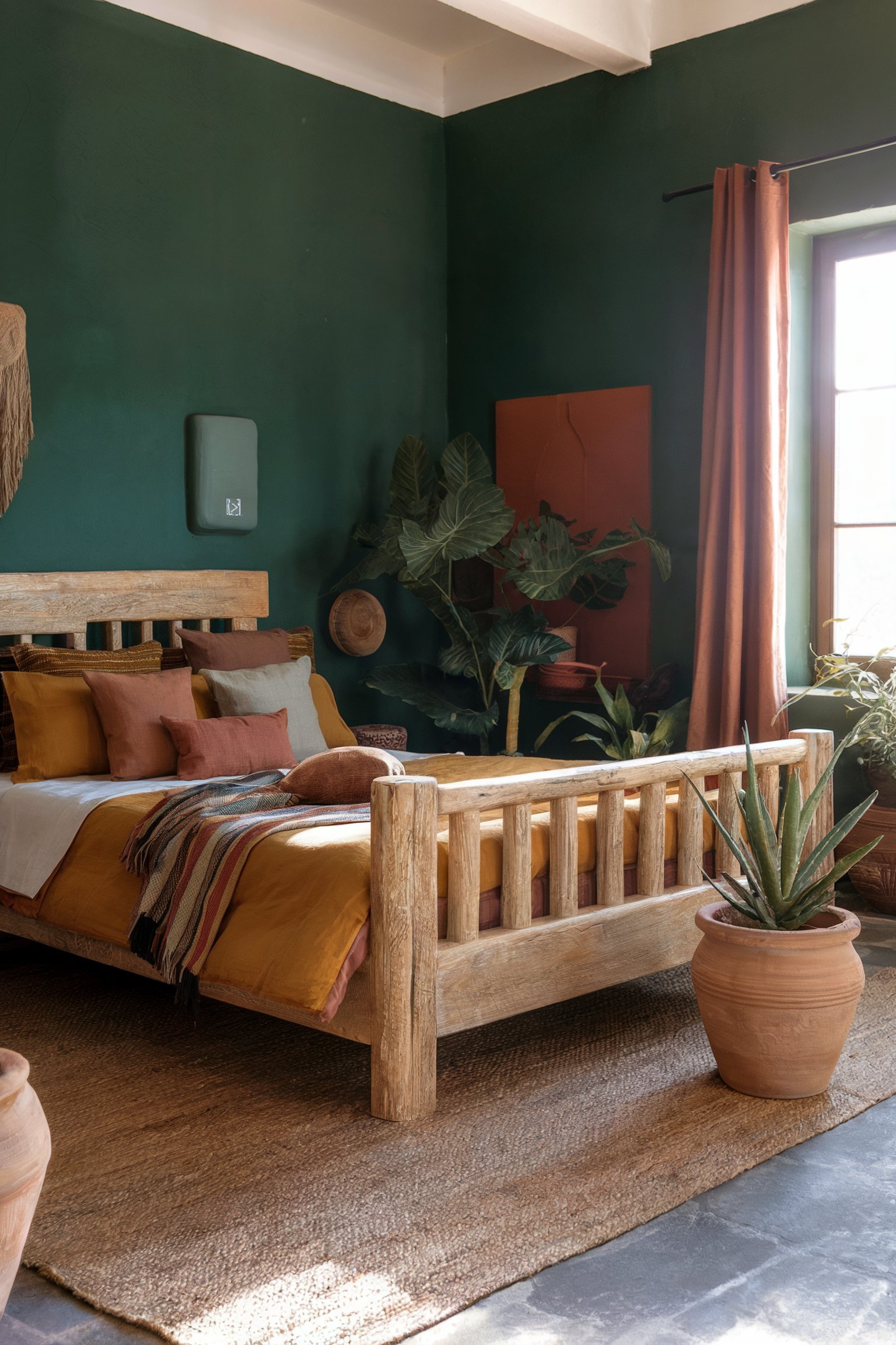 A cozy bedroom with deep green walls, a rustic wooden bed frame, and warm-toned bedding, complemented by potted plants and earthy decor
