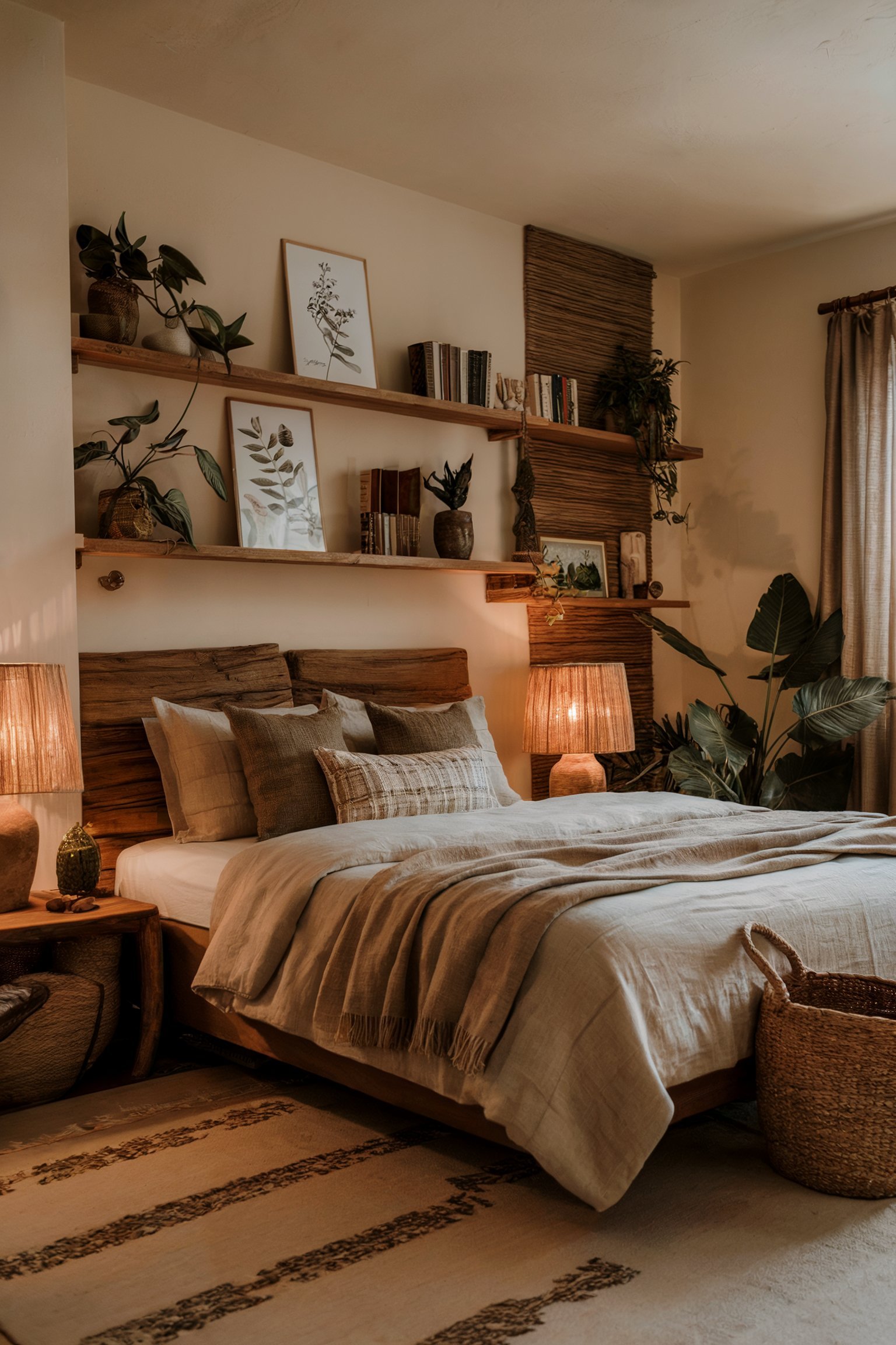 Cozy, rustic bedroom with layered bedding, warm lighting, and decorative wall shelving with plants and art