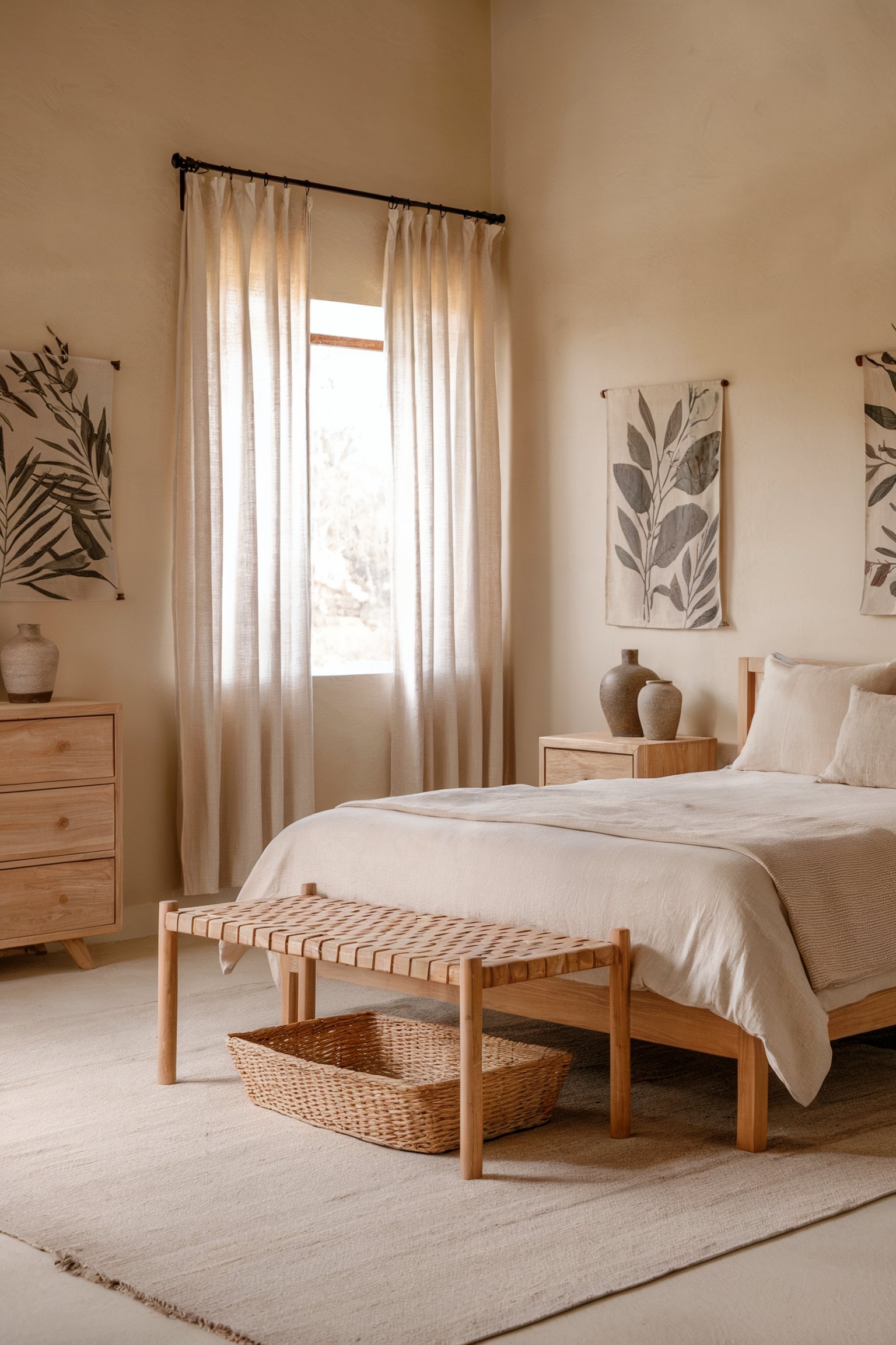 A serene neutral bedroom with light wood furniture, soft beige walls, and linen curtains, creating a peaceful and minimalist atmosphere